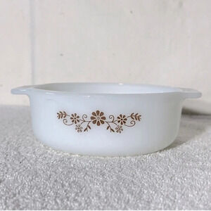Vintage Dynaware Pyr-O-Rey Brown Daisy Round Milk  Glass Casserole Dish